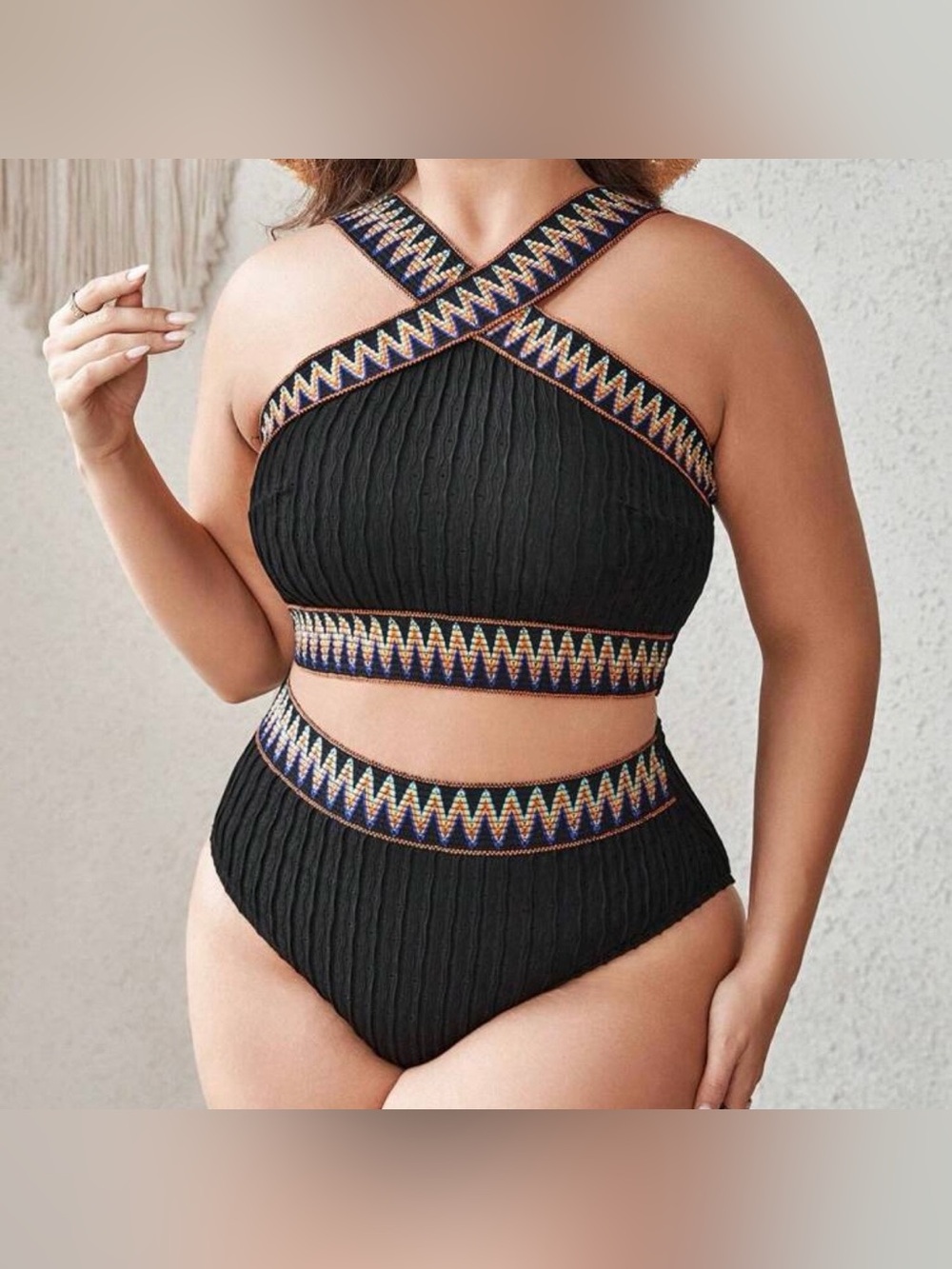 Black High-Waist Crisscross Bikini with Embroidered Trim - 2XL